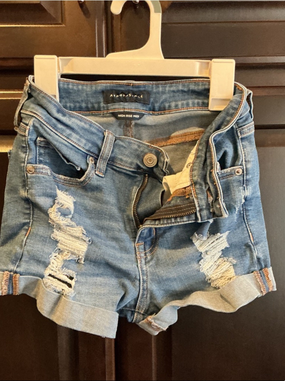 Aeropostale Distressed Rolled Hem Denim Shorts - Medium Blue